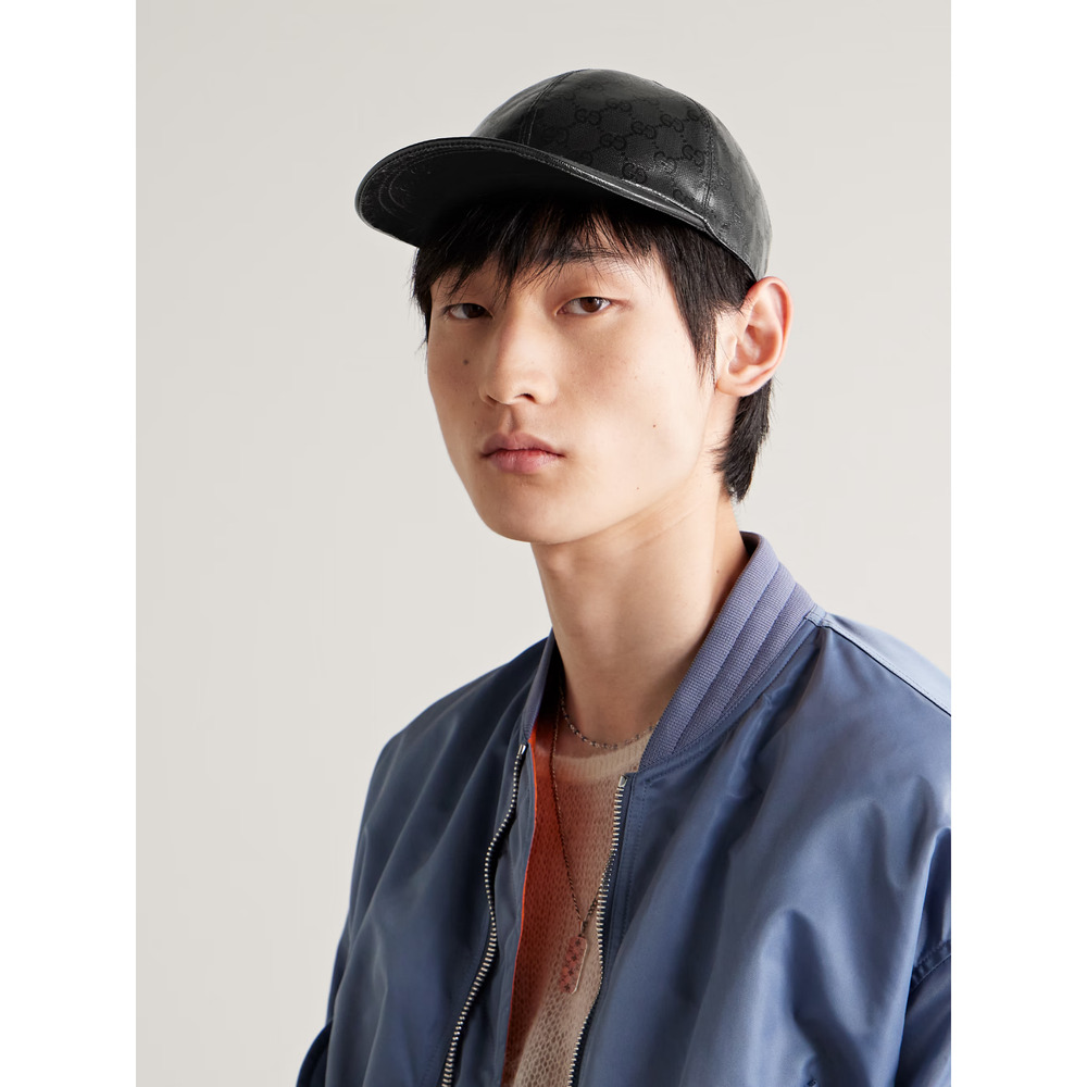 Gucci Black Leather-Trimmed Monogram Embossed Baseball Cap (Size L) RRP $950
